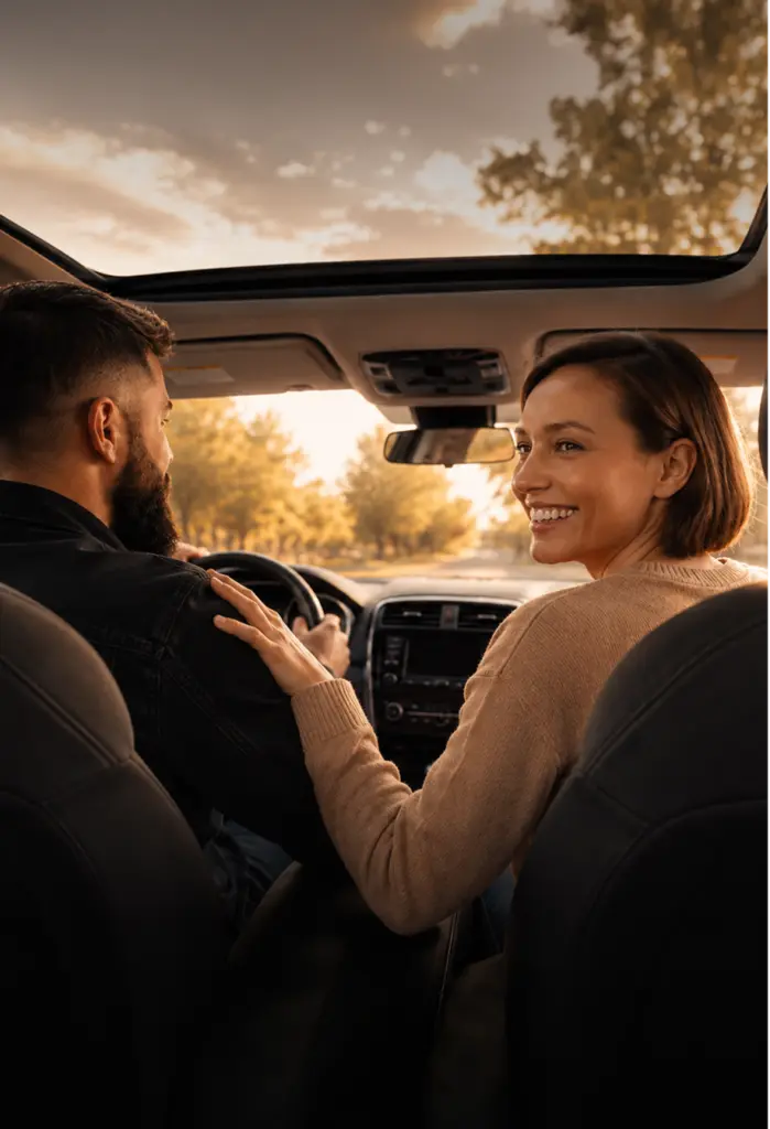 Couple smiling inside their car