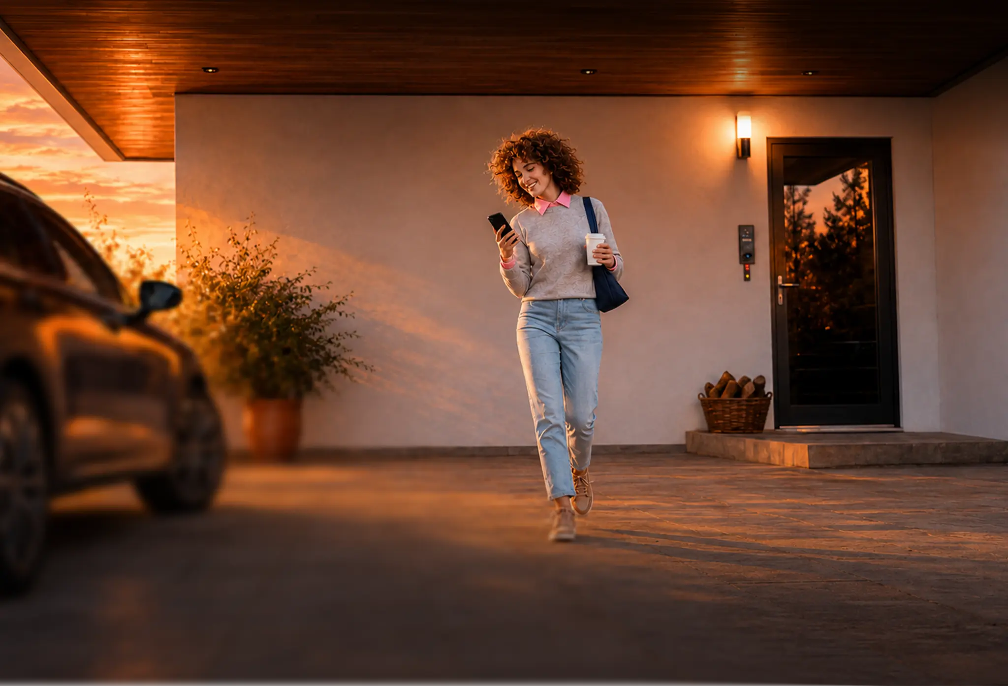 Woman checking her phone in the driveway at sunset
