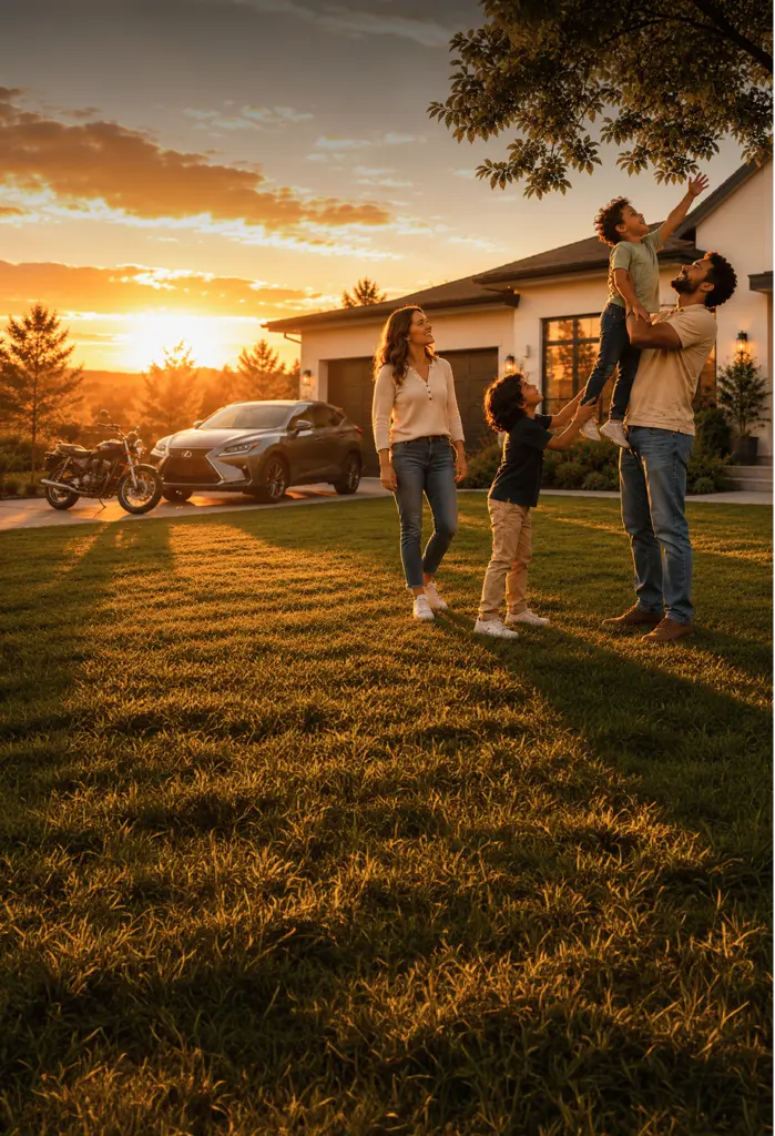 Family in front of their home at sunset